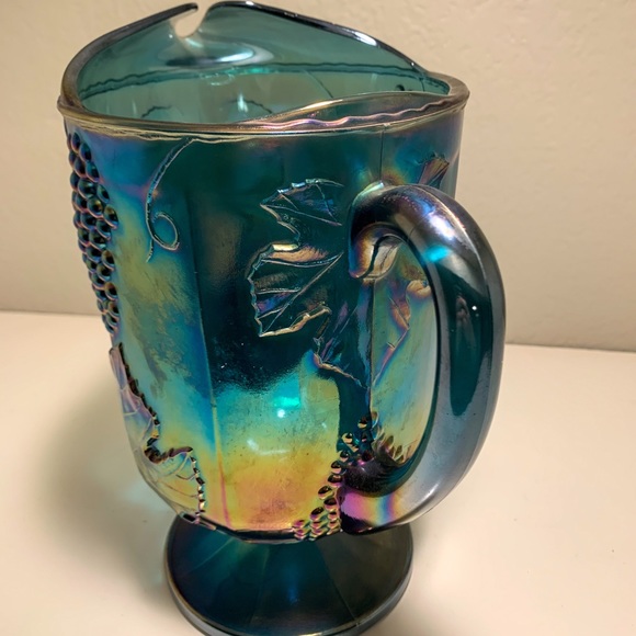 Vintage Mid-Century Modern Iridescent Blue Harvest Grape Carnival Glass Pitcher - Picture 4 of 4